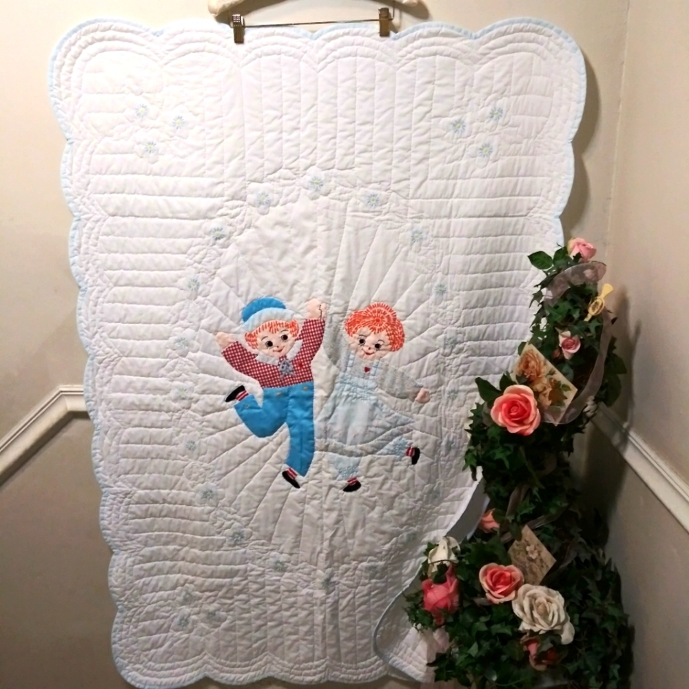Dancing Raggedy Ann & Andy Hand Embroidered & Quilted Crib Quilt/Wall Hanging